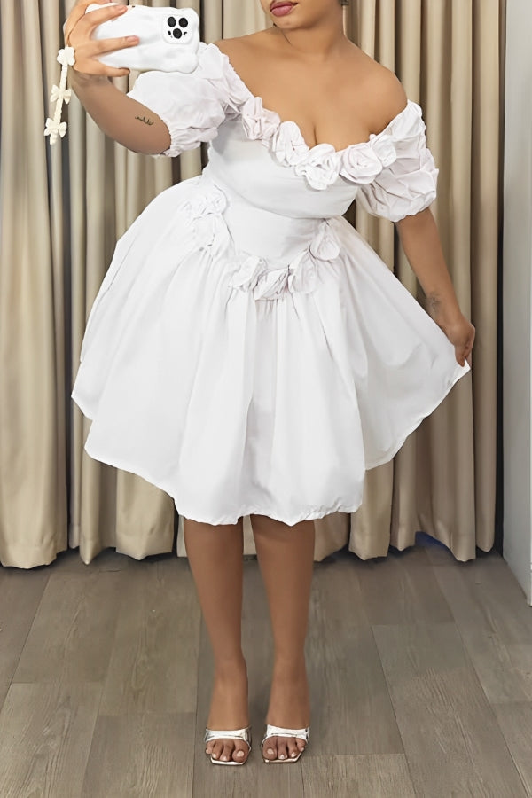 Stylish 3D Floral Off Shoulder Dress