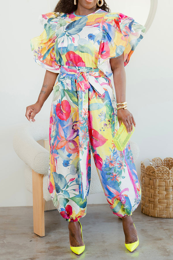 Retro Flutter Sleeve Balloon Hem Jumpsuit