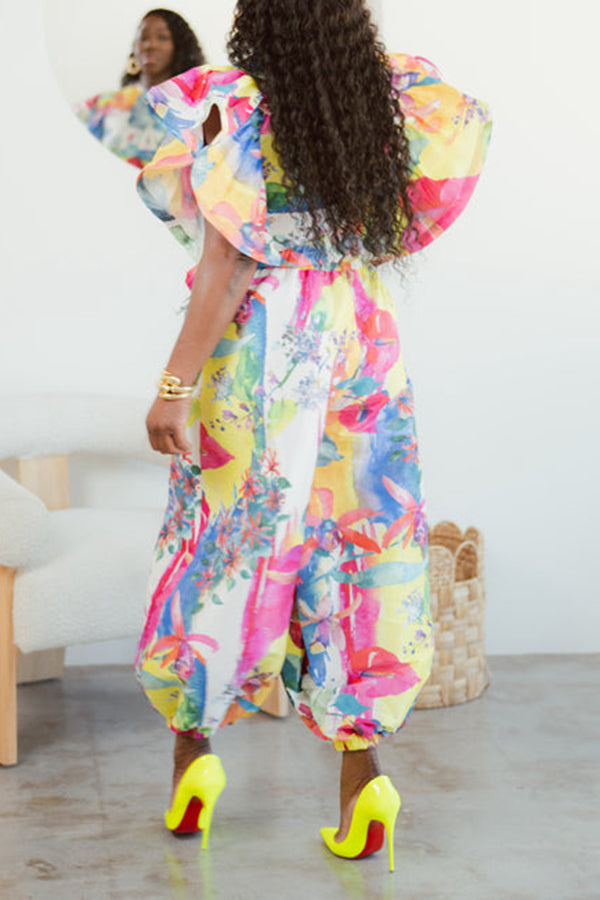 Retro Flutter Sleeve Balloon Hem Jumpsuit