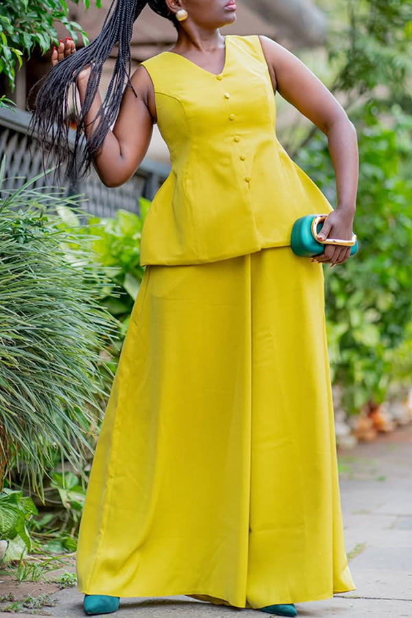 Classic V-Neck Single Breasted Top & Wide Leg Pants Set