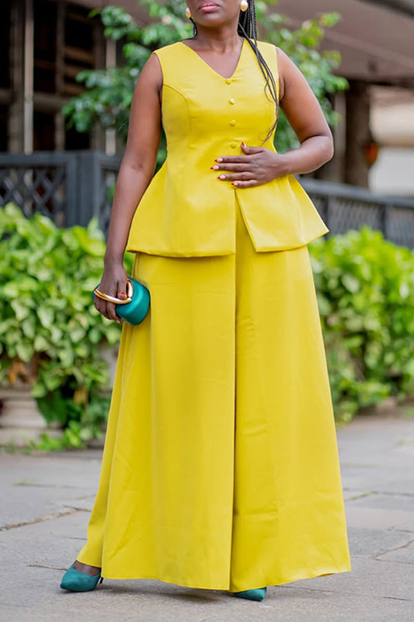 Classic V-Neck Single Breasted Top & Wide Leg Pants Set