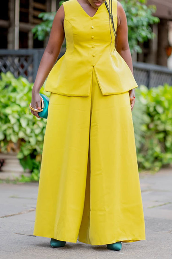 Classic V-Neck Single Breasted Top & Wide Leg Pants Set
