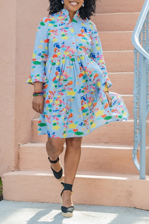 Retro Allover Print Ruffle Hem Dress