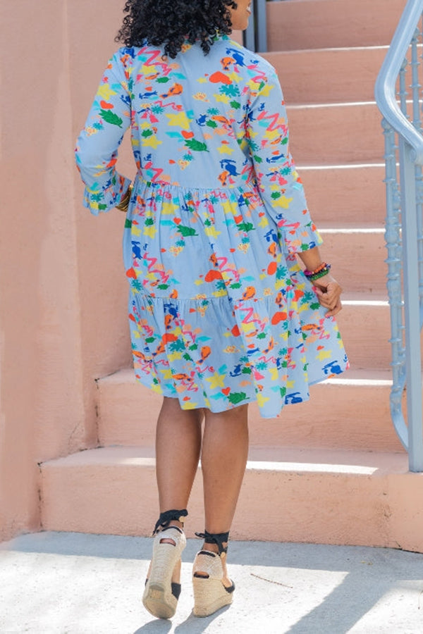Retro Allover Print Ruffle Hem Dress