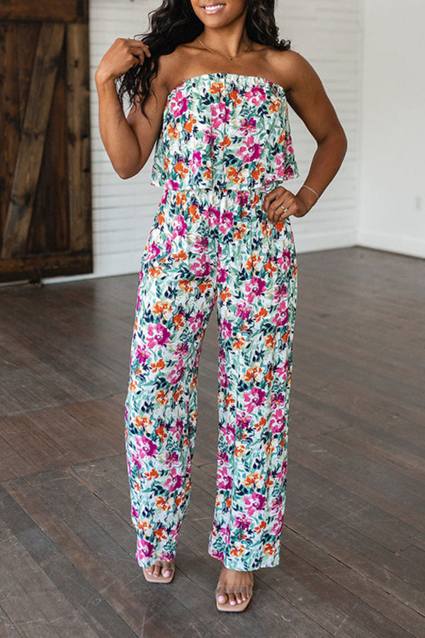 Vacation Floral Print Tube Jumpsuit