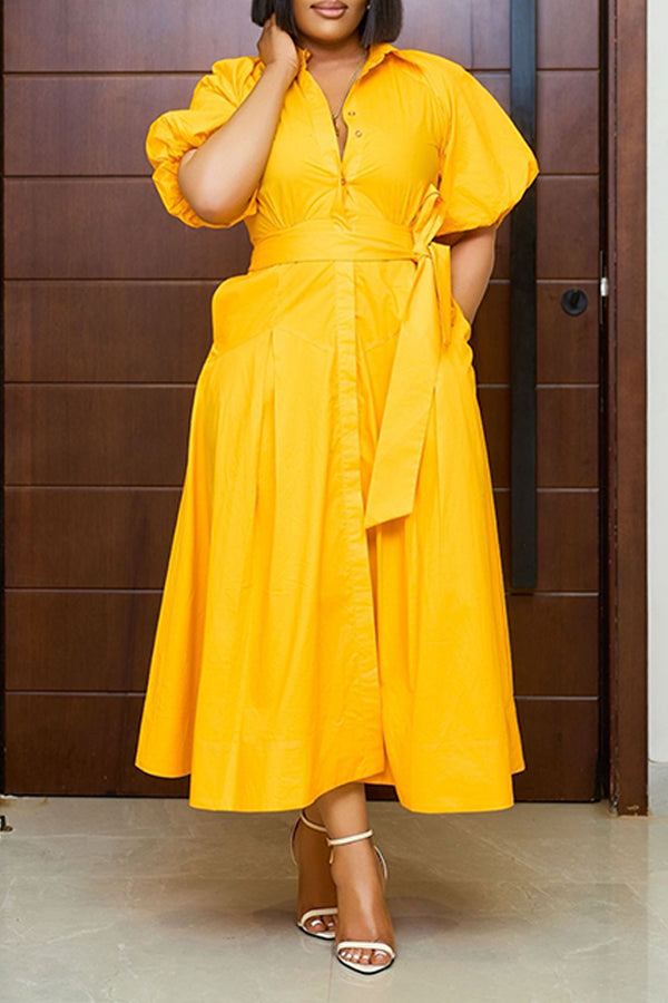 Stylish Puff Sleeve Button Front Dress