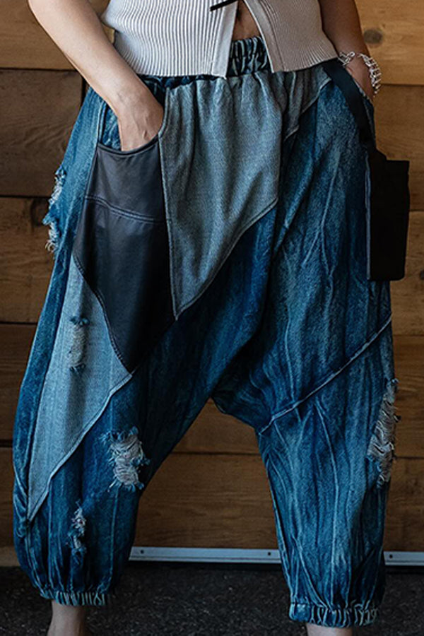 Stylish Patchwork Ripped Drop Crotch Pants
