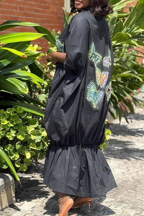 Retro Ruffle Hem Butterfly Print Dress