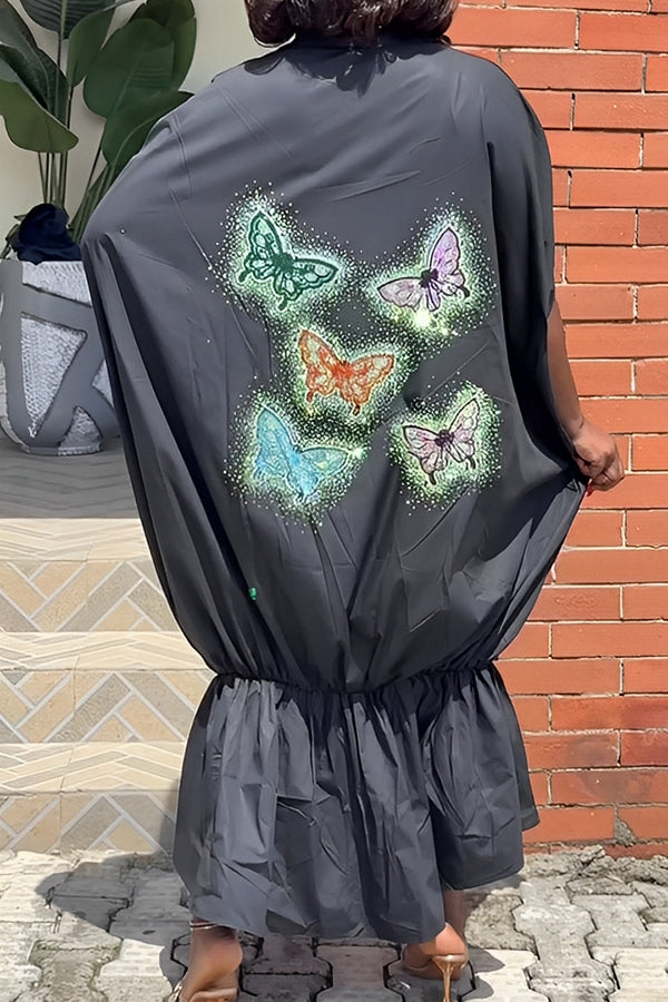 Retro Ruffle Hem Butterfly Print Dress