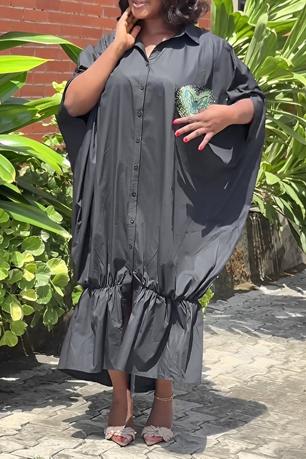 Retro Ruffle Hem Butterfly Print Dress