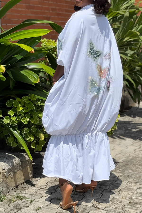 Retro Ruffle Hem Butterfly Print Dress