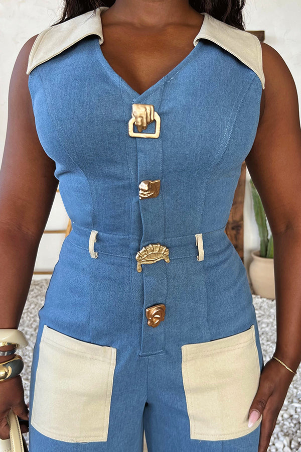 Stylish Colorblock Colorblock Metal Buckle Jumpsuit