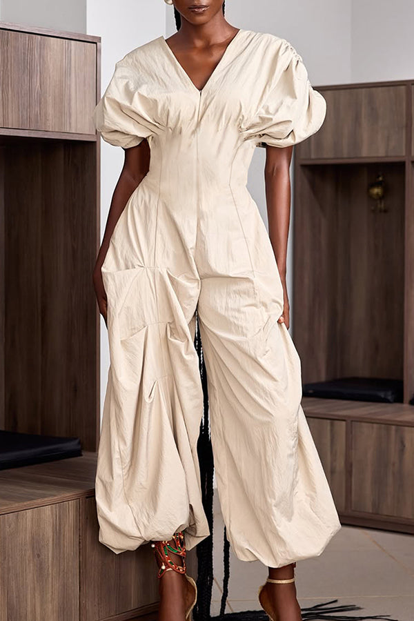 Stylish Drawstring Sleeve Ruched Jumpsuit