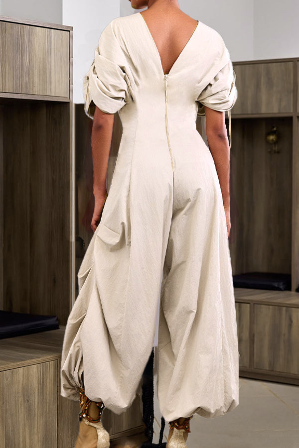 Stylish Drawstring Sleeve Ruched Jumpsuit