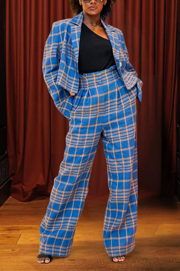 Retro Plaid Blazer & Paperbag Waist Pants Set