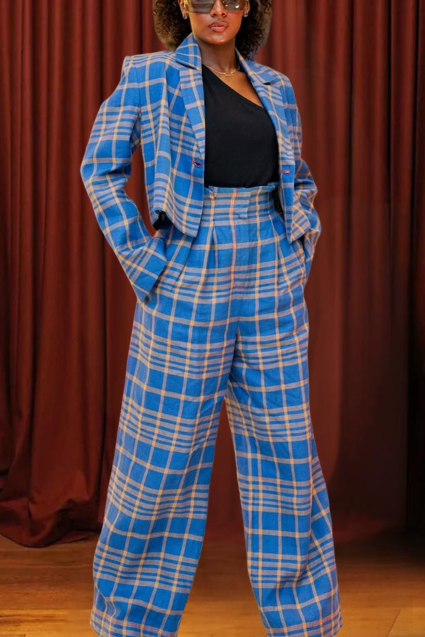 Retro Plaid Blazer & Paperbag Waist Pants Set