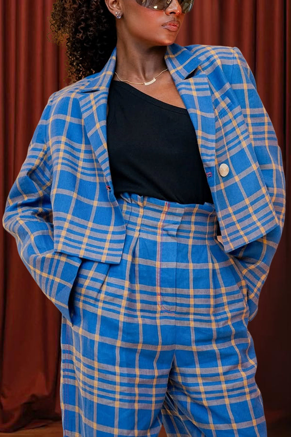 Retro Plaid Blazer & Paperbag Waist Pants Set