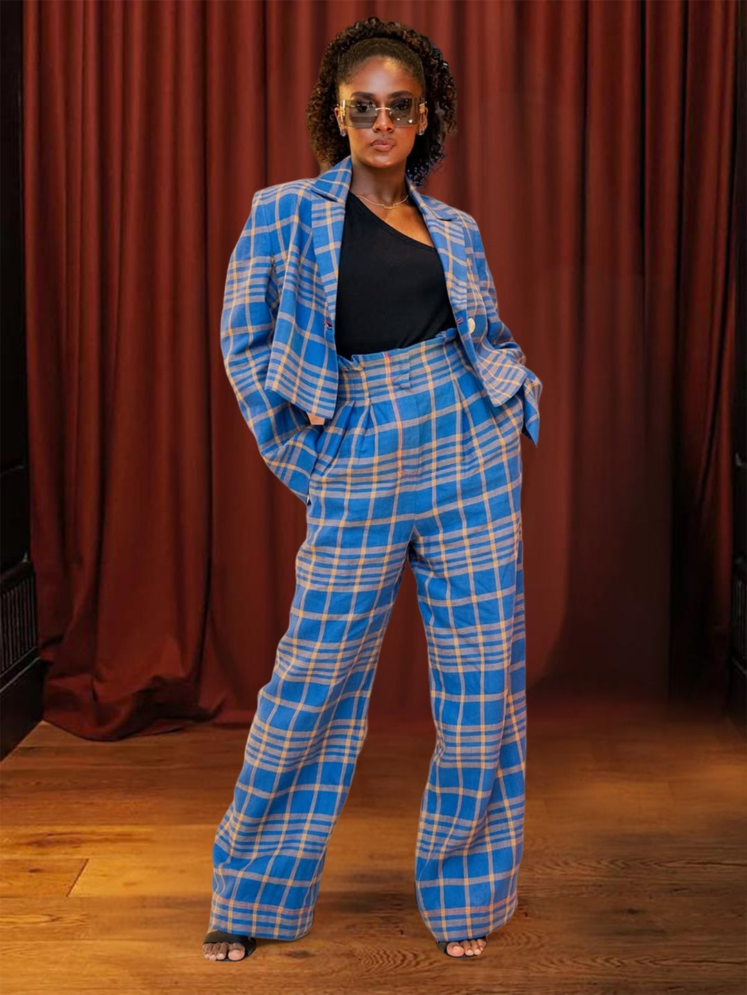 Retro Plaid Blazer & Paperbag Waist Pants Set