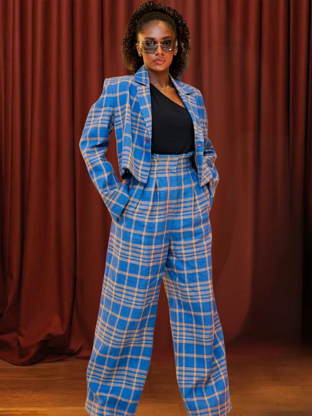 Retro Plaid Blazer & Paperbag Waist Pants Set