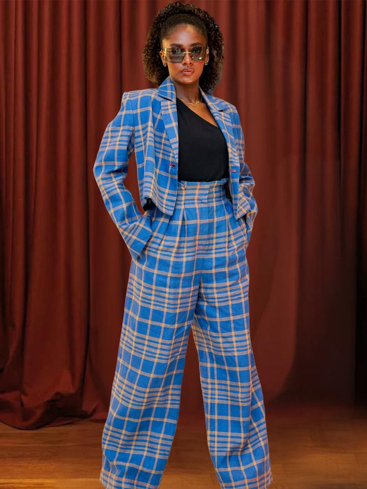 Retro Plaid Blazer & Paperbag Waist Pants Set