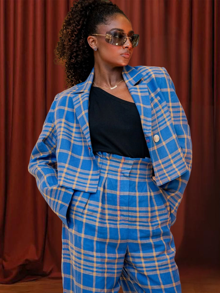 Retro Plaid Blazer & Paperbag Waist Pants Set