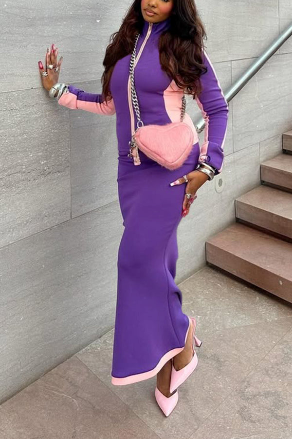 Sports Zip Front Two Tone Top & Fishtail Hem Skirt Set 