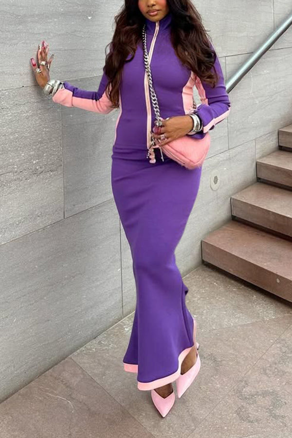 Sports Zip Front Two Tone Top & Fishtail Hem Skirt Set 