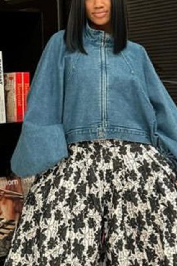 Elegant Zip Front Lantern Sleeve Denim Top 