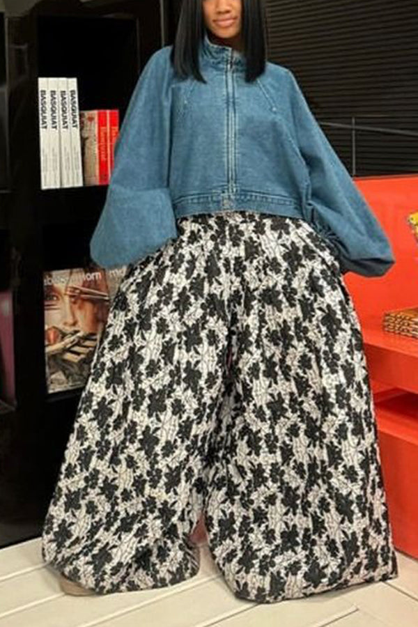 Elegant Zip Front Lantern Sleeve Denim Top 
