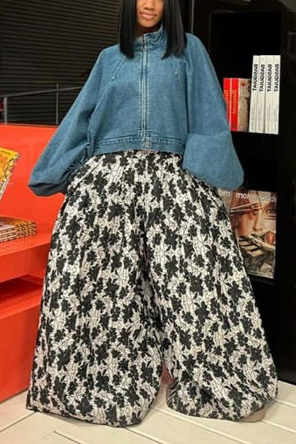 Elegant Zip Front Lantern Sleeve Denim Top 