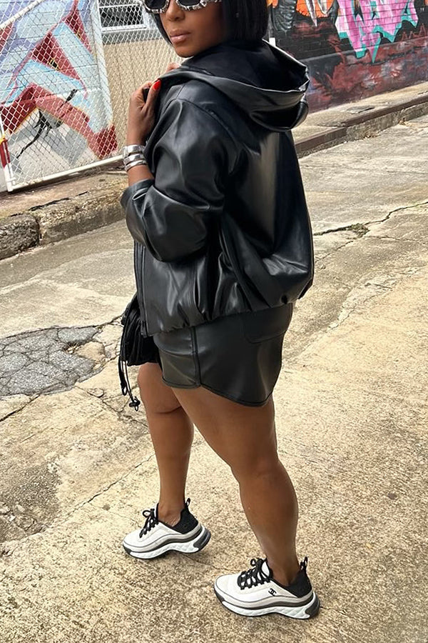 Chic PU Jacket & Shorts Set 