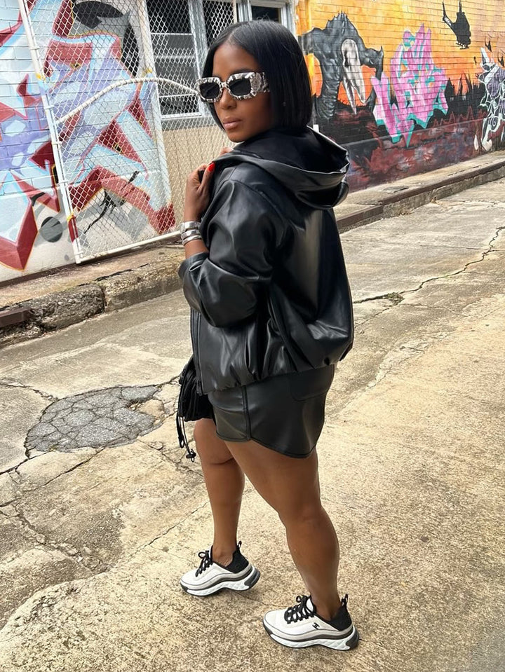 Chic PU Jacket & Shorts Set 