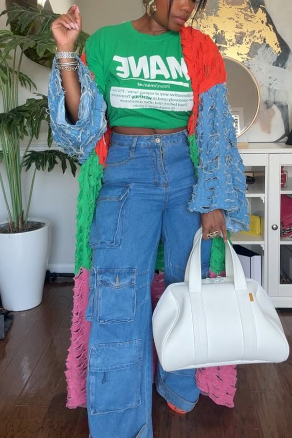 Fashion Colorblock Ripped Cardigan