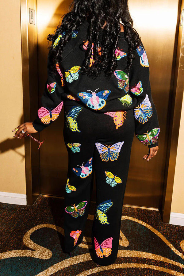 Stylish Butterfly Print Single Breasted Top & Pants Set 