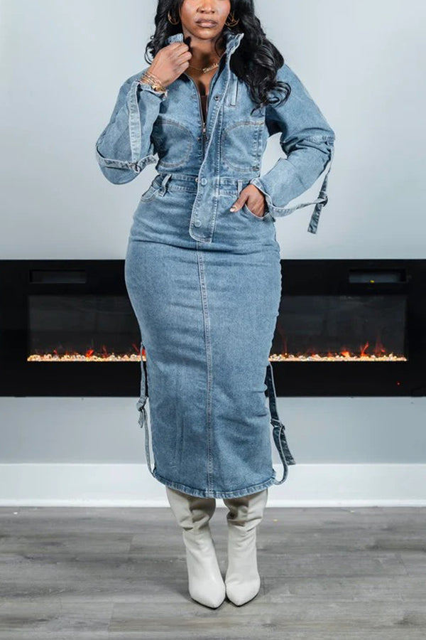 Stylish Zip Up Split Hem Denim Dress