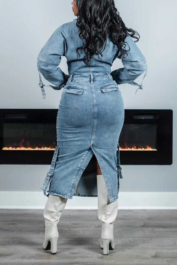 Stylish Zip Up Split Hem Denim Dress
