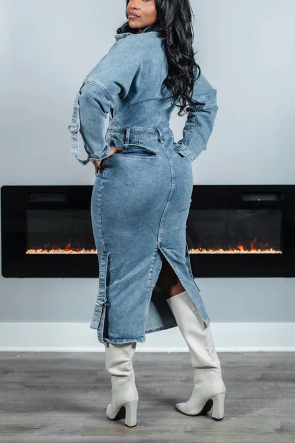 Stylish Zip Up Split Hem Denim Dress