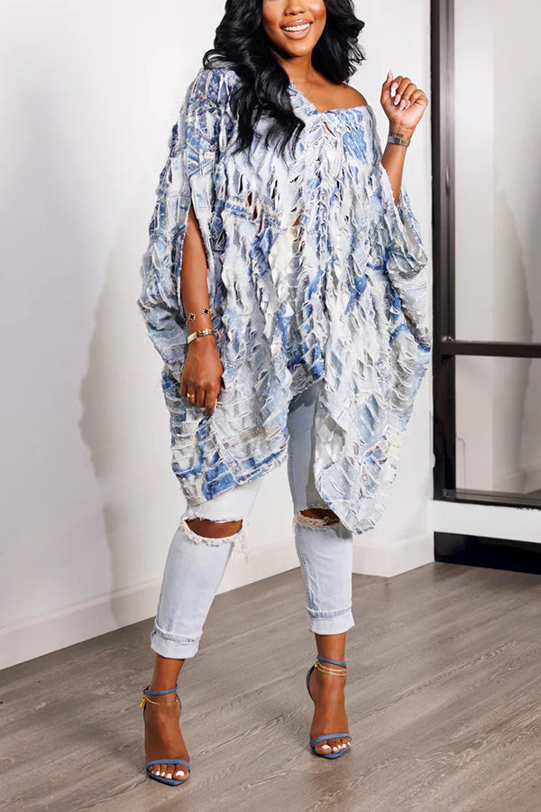 Stylish Tie Dye Ripped Batwing Sleeve Top