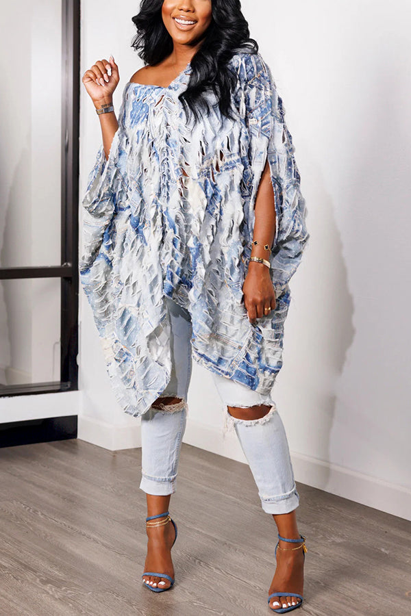 Stylish Tie Dye Ripped Batwing Sleeve Top