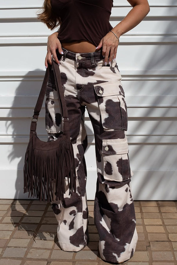 Retro Cow Print Flap Pocket Pants