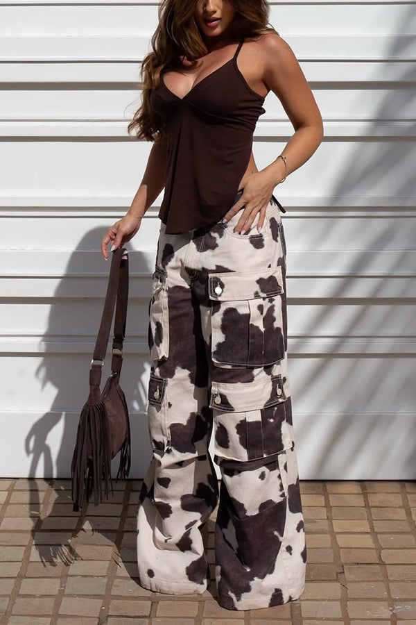Retro Cow Print Flap Pocket Pants
