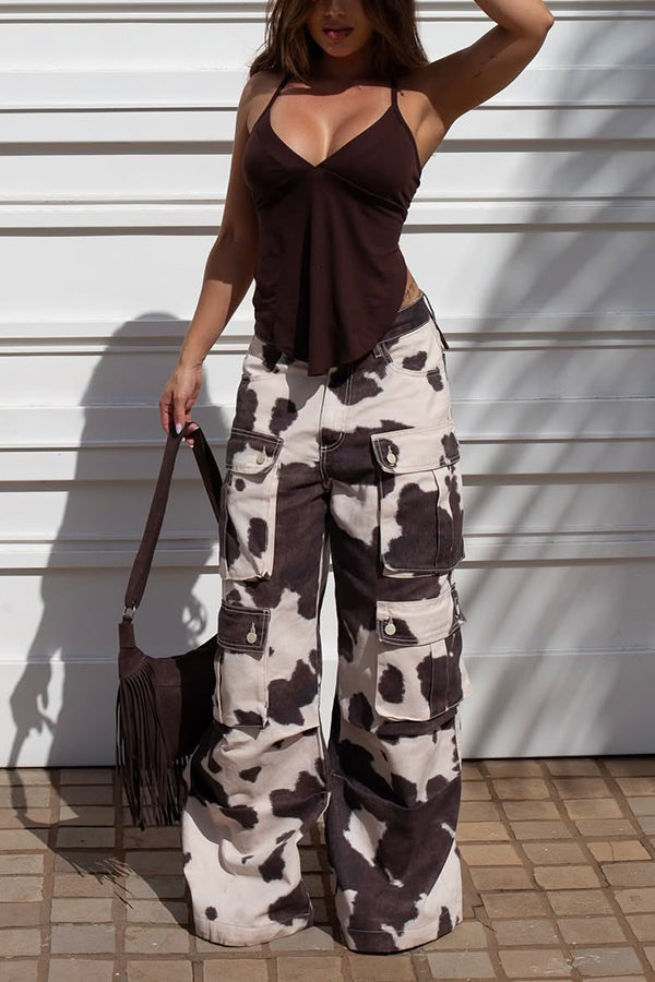 Retro Cow Print Flap Pocket Pants
