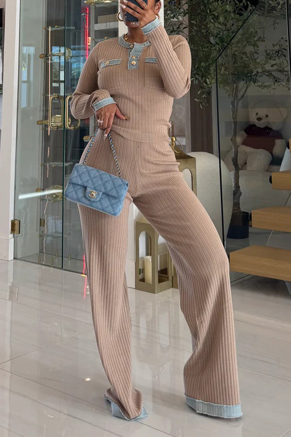 Stylish Contrast Denim Rib-knit Top & Pants Set