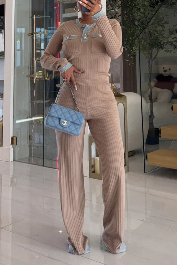 Stylish Contrast Denim Rib-knit Top & Pants Set