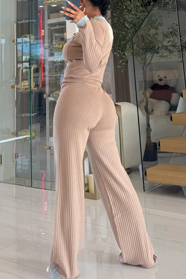 Stylish Contrast Denim Rib-knit Top & Pants Set