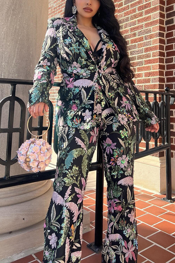 Retro Floral Print Blazer & Pants Set