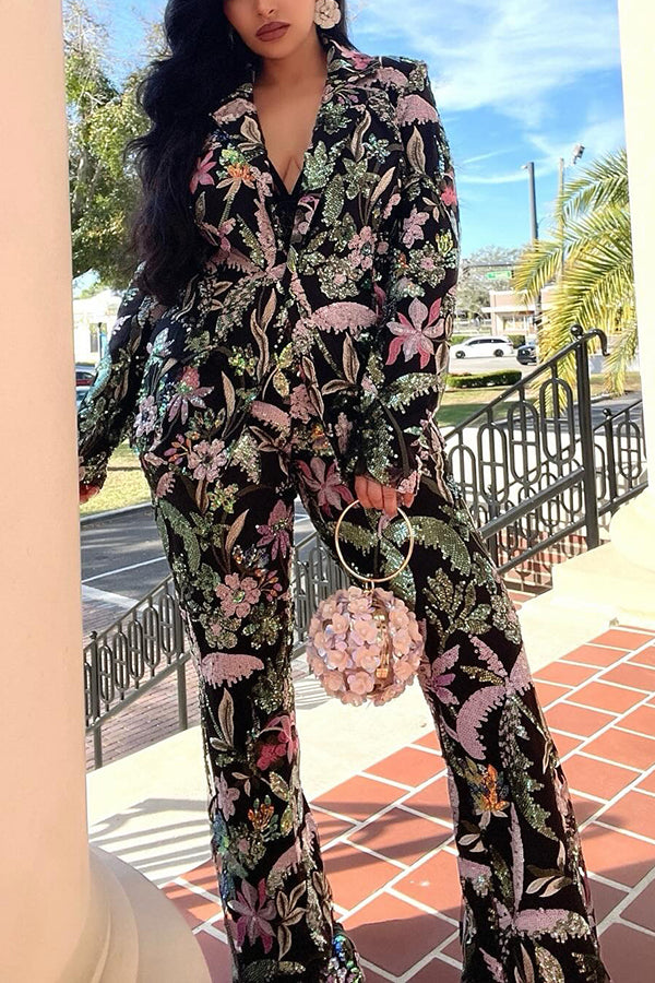 Retro Floral Print Blazer & Pants Set