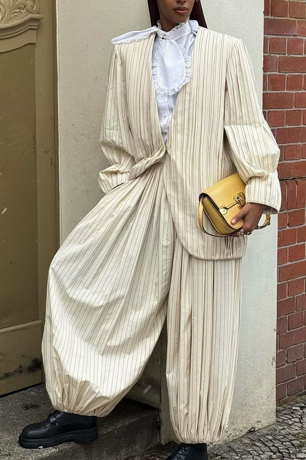 Retro Striped Ruched Blazer & Pants Set