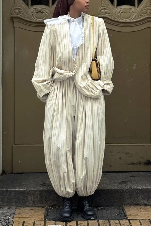 Retro Striped Ruched Blazer & Pants Set