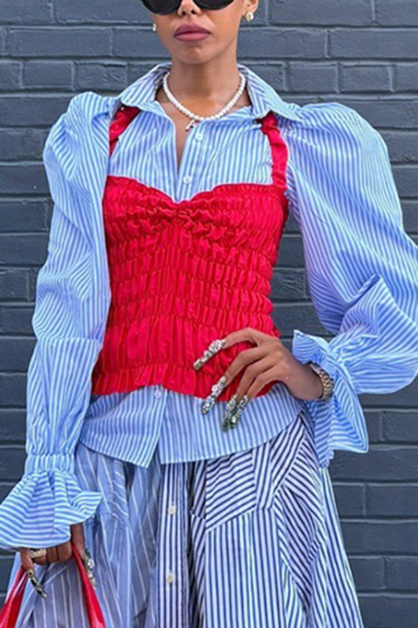 Vintage Striped Gigot Sleeve Shirt & Vest Set